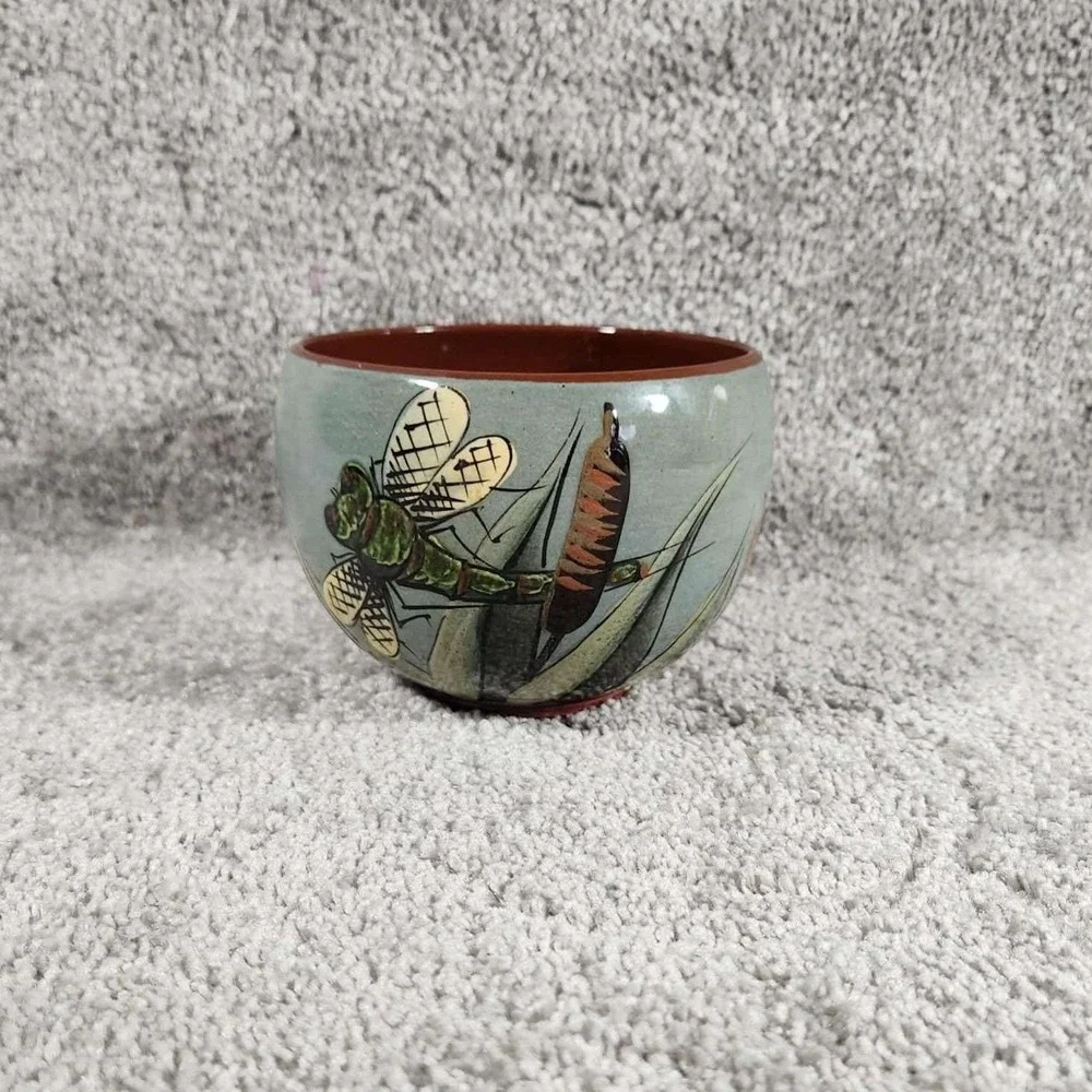 Studio Pottery‎ Dragonfly Cattail Ceramic Bowl Blue Terracotta Signed Small